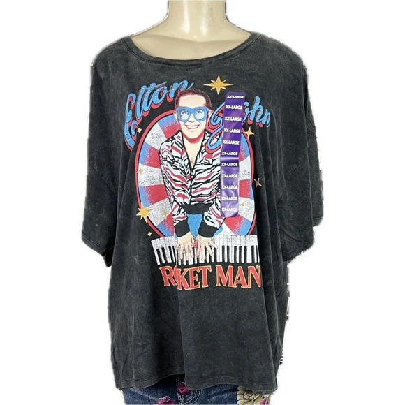 Hst Global Limited XXL Black Washed Elton John Graphic Cotton Short Sleeve Tee - Picture 2 of 5